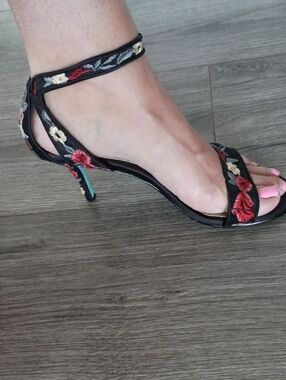 Betsey Johnson Black Floral Embroidered Ankle-Strap Heels